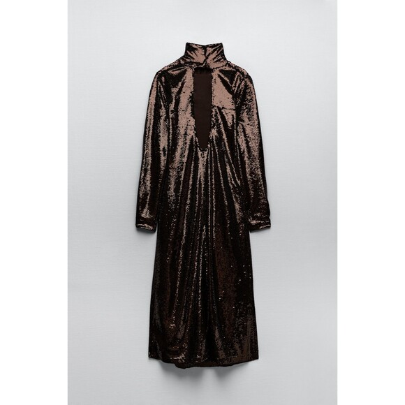 Brown Zara Sequin Cut Out Open Back Long Sleeve Knit Midi Dress (NWT) - Picture 10 of 12